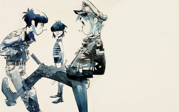 Anime picture 1280x800 with gorillaz noodle (gorillaz) 2d murdoc niccals short hair wide image bare shoulders blue hair profile hands in pockets smoking skull and crossbones boy jacket shorts boots headdress tongue thigh boots peaked cap