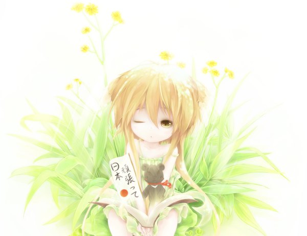 Anime picture 1600x1233 with original manahui single long hair fringe blonde hair hair between eyes sitting bare shoulders animal ears yellow eyes payot one eye closed sunlight off shoulder sleeveless light strap slip between legs :<