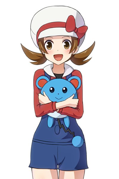 Anime picture 667x1000 with pokemon pokemon heartgold and soulsilver nintendo lyra (pokemon) marill yukikan single tall image looking at viewer blush short hair open mouth simple background brown hair white background twintails brown eyes short twintails gen 2 pokemon girl