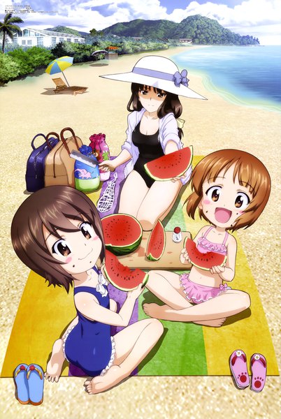 Anime picture 6071x9054 with girls und panzer megami magazine nishizumi miho nishizumi maho nishizumi shiho sugimoto isao long hair tall image looking at viewer blush highres short hair smile brown hair sitting multiple girls brown eyes absurdres outdoors looking back