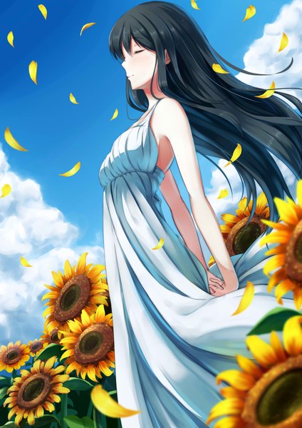 Anime picture 1447x2046 with original nicoby long hair tall image black hair sky cloud (clouds) eyes closed profile wind girl dress flower (flowers) petals sundress sunflower