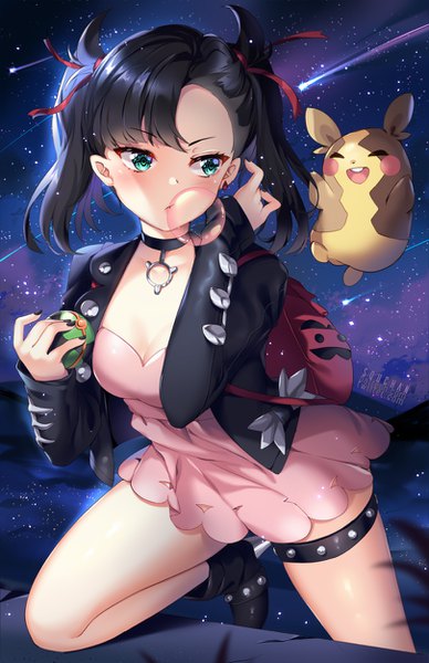 Anime picture 809x1250 with pokemon pokemon (game) pokemon swsh nintendo marnie (pokemon) morpeko squchan single tall image blush short hair breasts black hair standing twintails holding signed looking away cleavage bent knee (knees)