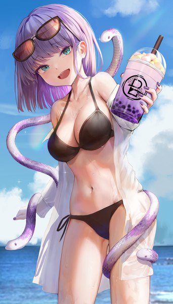 Anime picture 1500x2633 with original lume sangria (chrysa) chrysa ( sa0ru) single tall image looking at viewer blush fringe short hair breasts open mouth light erotic smile large breasts holding sky cleavage purple hair cloud (clouds) outdoors
