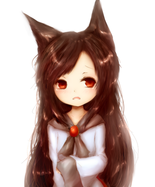 Anime picture 3000x3600 with touhou imaizumi kagerou amanojaku (artist) single long hair tall image blush highres open mouth red eyes brown hair white background animal ears looking away long sleeves tears portrait transparent background wolf ears girl