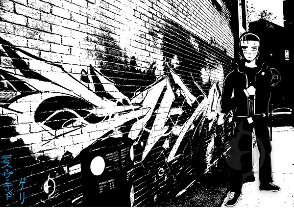 Anime picture 8185x5787 with original grafik (artist) soulsilverlight highres black hair absurdres grey background wallpaper black background vector street manga graffiti boy uniform school uniform hat wall