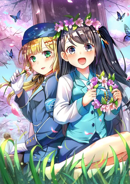 Anime picture 1000x1414 with krt girls xiao qiong (krt girls) emilia (krt girls) qian wu atai long hair tall image looking at viewer blush fringe open mouth blonde hair sitting multiple girls holding green eyes sky outdoors long sleeves wind grey eyes