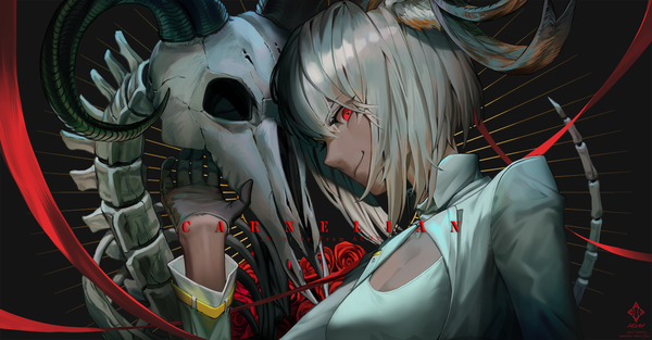 Anime picture 2000x1043 with arknights carnelian (arknights) a0lp single looking at viewer fringe highres short hair smile hair between eyes red eyes wide image signed animal ears cleavage upper body profile horn (horns) grey hair inscription
