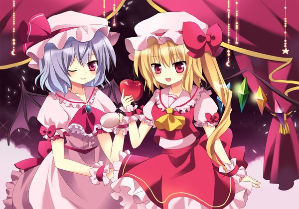 Anime picture 1548x1087 with touhou flandre scarlet remilia scarlet mayo (miyusa) short hair blonde hair red eyes multiple girls blue hair one eye closed wink loli one side up bat wings girl dress skirt 2 girls wings bonnet