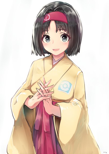 Anime picture 707x1000 with pokemon nintendo erika (pokemon) e-co single tall image looking at viewer short hair open mouth black hair simple background white background upper body traditional clothes :d japanese clothes black eyes interlocked fingers girl hairband