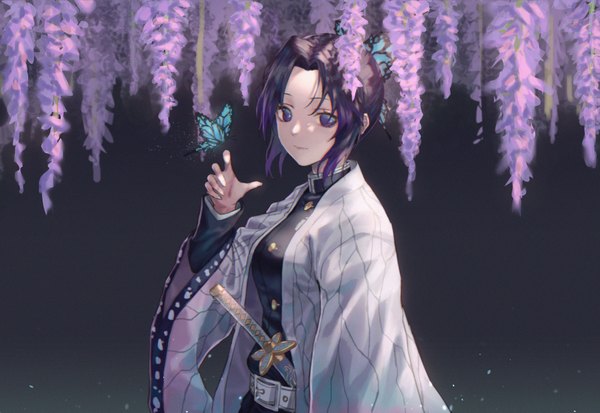 Anime picture 2000x1379 with kimetsu no yaiba ufotable kochou shinobu tesin (7aehyun) single looking at viewer highres short hair simple background standing purple eyes payot purple hair traditional clothes japanese clothes arm up black background girl uniform hair ornament