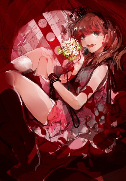 Anime picture 700x1000 with idolmaster idolmaster cinderella girls sakuma mayu cus-tom single long hair tall image looking at viewer open mouth blue eyes brown hair sitting singing girl dress flower (flowers) ribbon (ribbons) earrings socks microphone