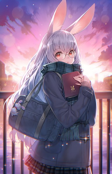 Anime picture 1042x1625 with original hagure keg single long hair tall image looking at viewer blush fringe open mouth hair between eyes red eyes standing holding animal ears sky silver hair cloud (clouds) outdoors long sleeves pleated skirt