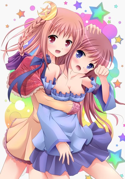 Anime picture 3804x5440 with original kirisaki megumi long hair tall image blush highres open mouth blue eyes red eyes brown hair multiple girls absurdres braid (braids) crescent girl dress 2 girls star (symbol)