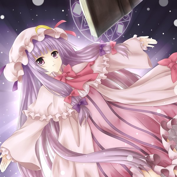 Anime picture 1500x1500 with touhou patchouli knowledge af-henrytz single long hair purple eyes purple hair girl dress bow hair bow book (books) bonnet