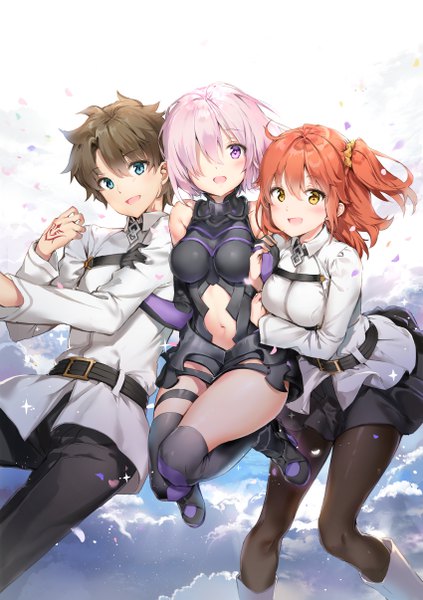 Anime picture 3400x4824 with fate (series) fate/grand order mash kyrielight fujimaru ritsuka (female) fujimaru ritsuka (male) anmi tall image looking at viewer blush fringe highres short hair breasts open mouth blue eyes light erotic smile hair between eyes brown hair purple eyes