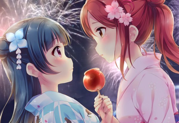 Anime picture 1560x1074 with love live! sunshine!! sunrise (studio) love live! sakurauchi riko tsushima yoshiko hazuki (sutasuta) long hair blush fringe hair between eyes purple eyes multiple girls holding yellow eyes payot blue hair upper body outdoors red hair traditional clothes