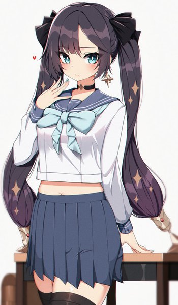 Anime picture 616x1057 with genshin impact mona megistus w.k single long hair tall image looking at viewer blush fringe black hair simple background smile standing white background twintails payot long sleeves nail polish pleated skirt aqua eyes