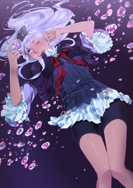 Anime picture 2480x3508 with original raveeoftitans single long hair tall image highres open mouth blue eyes smile white hair one eye closed wink girl crystal leggings