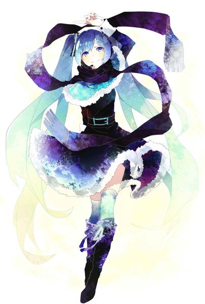 Anime picture 1181x1748 with vocaloid hatsune miku nz (smile yuting) single long hair tall image looking at viewer blush fringe blue eyes simple background smile standing white background twintails full body lacing girl thighhighs dress