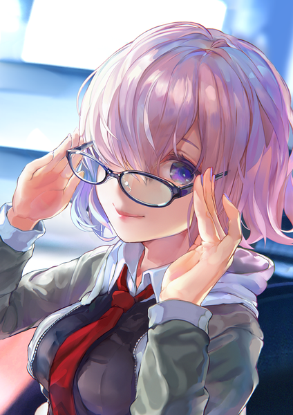 Anime-Bild 820x1160 mit fate (series) fate/grand order mash kyrielight tocope single tall image looking at viewer fringe short hair breasts blue eyes smile purple eyes pink hair upper body long sleeves nail polish fingernails lips blurry