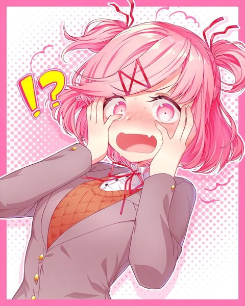 Anime picture 800x1000 with doki doki literature club natsuki (doki doki literature club) nan (gokurou) single tall image looking at viewer blush fringe short hair open mouth signed pink hair upper body long sleeves pink eyes fang (fangs) sweat two side up embarrassed twitter username