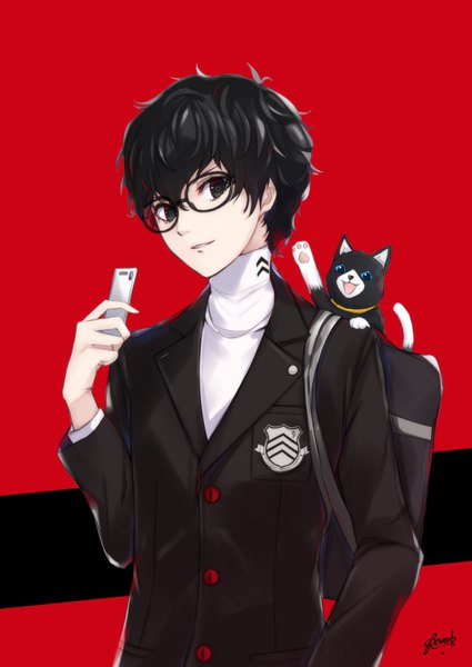 Anime picture 2508x3541 with persona 5 persona amamiya ren morgana (persona 5) bee doushi single tall image looking at viewer fringe highres short hair black hair simple background hair between eyes signed upper body black eyes red background boy uniform