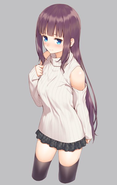 Anime picture 898x1414 with new game! doga kobo takimoto hifumi mikazuchi zeus single long hair tall image looking at viewer blush fringe breasts blue eyes simple background brown hair standing bare shoulders holding payot blunt bangs pleated skirt