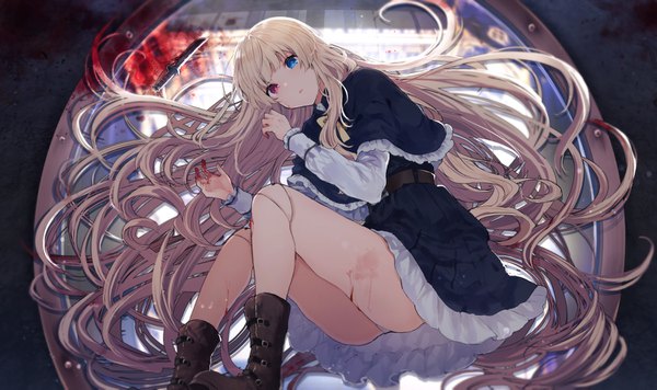 Anime picture 1500x891 with original ikeuchi tanuma single looking at viewer fringe blue eyes light erotic blonde hair red eyes wide image payot bent knee (knees) lying very long hair parted lips from above heterochromia on side frilled dress blood on face