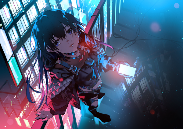 Anime picture 5787x4093 with original shiomi (lowrise) single long hair fringe highres blue eyes black hair hair between eyes standing holding absurdres full body outdoors from above night mole open jacket mole under eye reflection