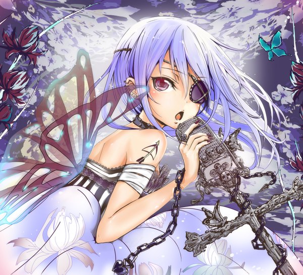 Anime picture 1500x1367 with original keepout red eyes purple eyes white hair tattoo insect wings singing butterfly wings girl plant (plants) wings insect butterfly chain eyepatch cross microphone skull