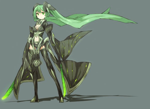 Anime picture 2000x1466 with vocaloid hatsune miku ganesagi single long hair highres simple background standing twintails green eyes green hair grey background girl weapon sword