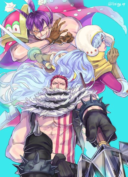 Anime picture 1361x1883 with one piece toei animation charlotte katakuri charlotte smoothie charlotte cracker living (pixiv5031111) long hair tall image looking at viewer fringe short hair blue eyes simple background hair between eyes red eyes holding signed purple hair silver hair red hair