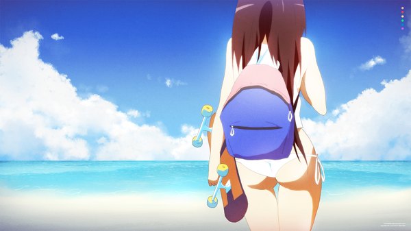 Anime picture 1920x1080 with tom skender single long hair highres light erotic brown hair wide image bare shoulders holding sky cloud (clouds) from behind sunlight bare legs beach girl swimsuit bikini sea side-tie bikini