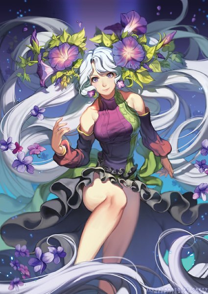 Anime picture 750x1059 with original caesty single tall image looking at viewer purple eyes bare shoulders white hair very long hair hair flower wavy hair girl dress hair ornament flower (flowers) detached sleeves