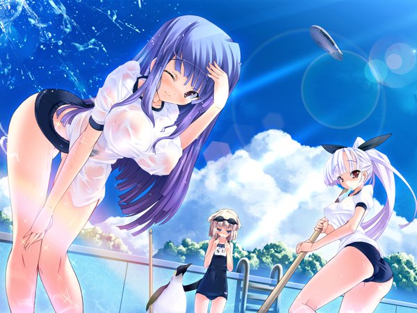 Anime picture 1600x1200 with torisan breasts light erotic blonde hair large breasts multiple girls brown eyes blue hair sky cloud (clouds) white hair wet wet clothes girl swimsuit 3 girls one-piece swimsuit school swimsuit splashes penguin