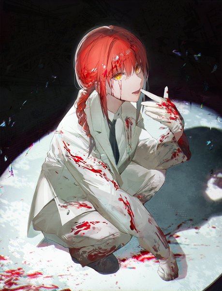 Anime picture 1684x2200 with chainsaw man mappa makima (chainsaw man) qiandaiyiyu single long hair tall image looking at viewer fringe hair between eyes yellow eyes red hair braid (braids) from above shadow single braid finger to mouth squat blood on face bloody clothes