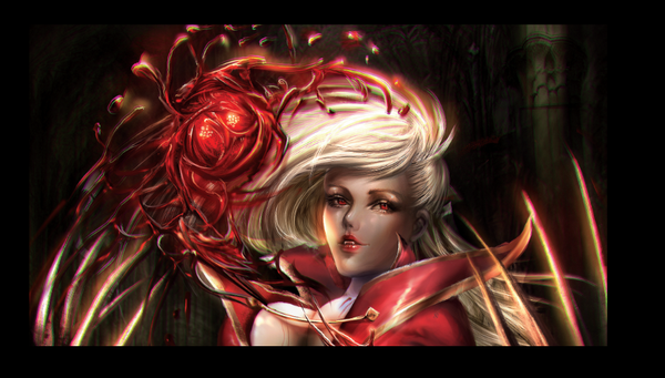 Anime picture 1001x569 with league of legends vladimir (league of legends) sangrde single long hair looking at viewer blonde hair red eyes wide image lips teeth fang (fangs) letterboxed genderswap girl blood