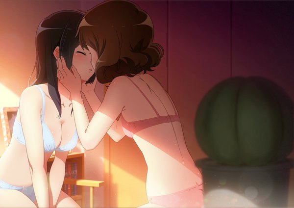 Anime picture 1800x1272 with hibike! euphonium kyoto animation kousaka reina oumae kumiko sonouchi (bigsummersky) long hair blush highres short hair breasts light erotic black hair brown hair multiple girls eyes closed underwear only shoujo ai almost kiss girl underwear