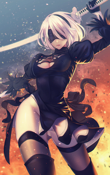 Anime picture 800x1272 with nier nier:automata yorha no. 2 type b uniikura single tall image short hair breasts light erotic standing holding white hair parted lips lips mole puffy sleeves lipstick smoke side slit cleavage cutout