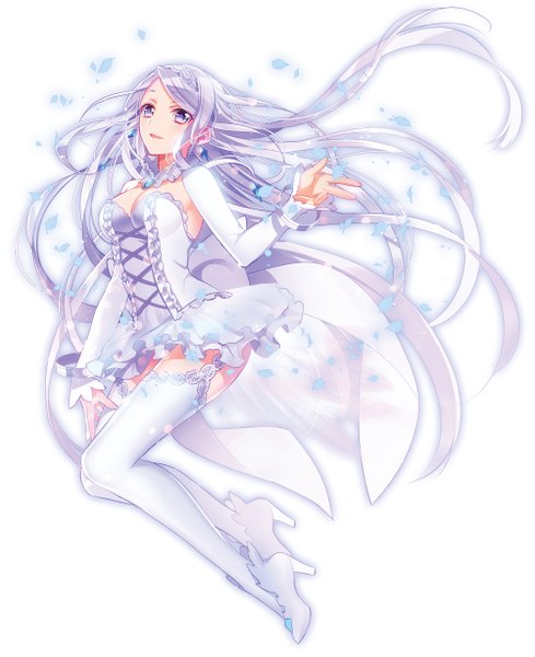 Anime-Bild 1000x1228 mit murakami yuichi single long hair tall image looking at viewer blue eyes silver hair girl thighhighs dress petals white thighhighs bracelet