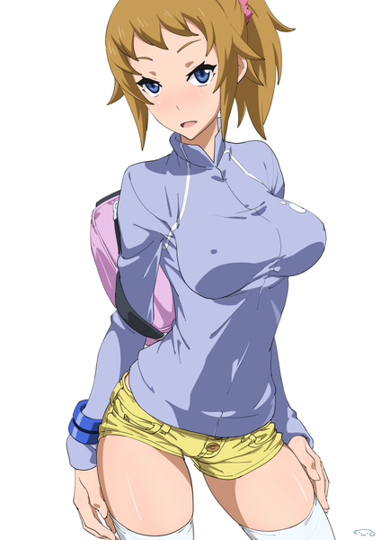 Anime picture 707x1000 with mobile suit gundam gundam build fighters sunrise (studio) hoshino fumina suna (artist) single tall image looking at viewer blush short hair open mouth blue eyes light erotic simple background brown hair white background ponytail girl thighhighs white thighhighs