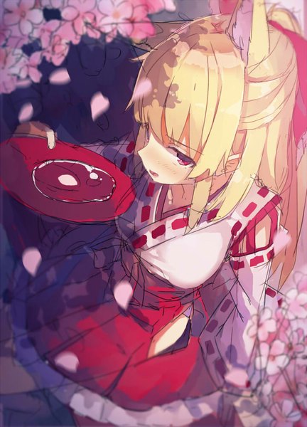 Anime picture 720x1000 with original yasumo (kuusouorbital) single long hair tall image looking at viewer blush fringe blonde hair red eyes sitting holding animal ears ponytail long sleeves traditional clothes parted lips japanese clothes from above wide sleeves