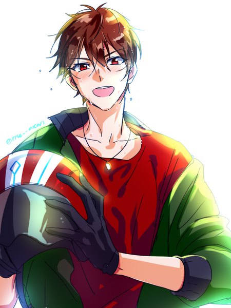 Anime picture 800x1066 with ensemble stars! morisawa chiaki ryuaa single tall image looking at viewer blush fringe short hair simple background hair between eyes red eyes brown hair white background signed upper body sweat twitter username helmet removed boy