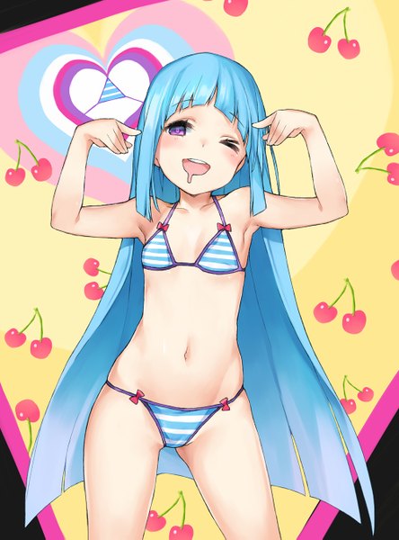 Anime picture 1000x1349 with me!me!me! meme (me!me!me!) sankyaku tako single long hair tall image looking at viewer blush fringe open mouth light erotic purple eyes bare shoulders blue hair one eye closed wink arms up girl navel swimsuit