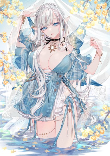 Anime picture 682x967 with original yua (tick-tack) single long hair tall image breasts blue eyes light erotic large breasts cleavage silver hair braid (braids) pointy ears partially submerged crown braid girl flower (flowers) choker water bracelet