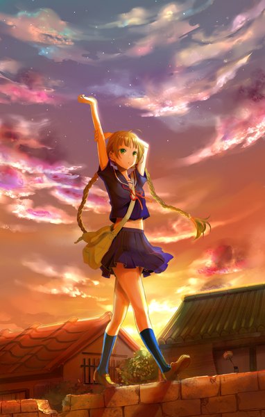Anime picture 1400x2200 with original yuzuki kihiro single long hair tall image fringe open mouth blonde hair green eyes sky cloud (clouds) braid (braids) pleated skirt arms up bare belly twin braids arm behind head girl skirt uniform