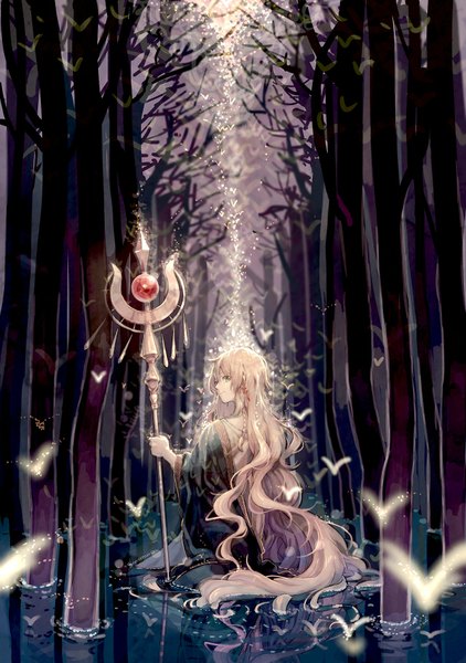 Anime picture 1280x1820 with magi the labyrinth of magic a-1 pictures titus alexius sonomura single tall image looking at viewer blonde hair smile green eyes very long hair looking back reflection bare tree boy plant (plants) earrings tree (trees) water staff