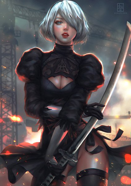 Anime picture 636x900 with nier nier:automata yorha no. 2 type b abigail diaz single tall image looking at viewer blush fringe short hair breasts light erotic standing holding signed cleavage silver hair parted lips hair over one eye realistic