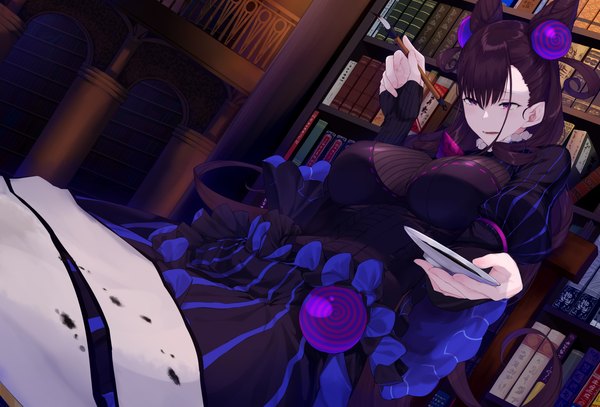 Anime picture 2800x1900 with fate (series) fate/grand order murasaki shikibu (fate) kurogiri single long hair fringe highres breasts open mouth light erotic hair between eyes large breasts purple eyes purple hair indoors long sleeves hair bun (hair buns) two side up dutch angle