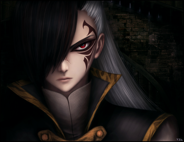 Anime picture 1200x925 with fairy tail rogue cheney inira single long hair fringe black hair red eyes lips grey hair hair over one eye realistic facial mark portrait face paint boy wall